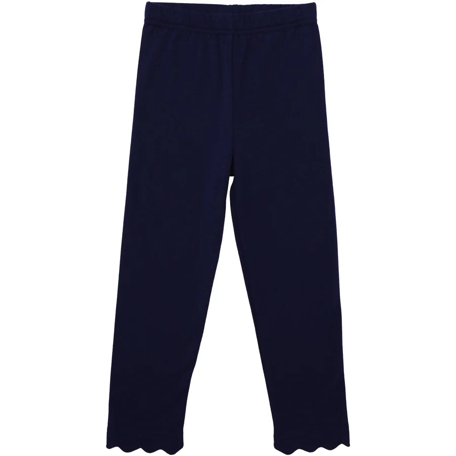 Navy blue knit pants with a scalloped hem, shown flat against a white background.