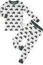 Children's pajama set with tractor pattern on a white background