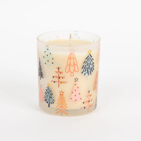 Candle with Christmas tree design on a white background