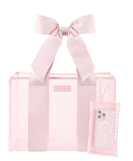 Pink clear tote bag with a bow, phone case, and phone on a white background