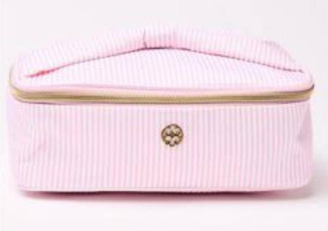 Pink cosmetic bag with gold zipper on a white background