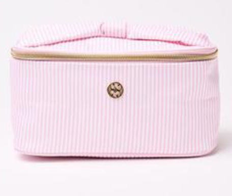 Pink striped cosmetic bag with gold zipper on a white background