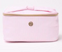 Pink striped cosmetic bag with gold zipper on a white background