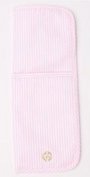 Pink striped pouch with a brand logo on a light pink background