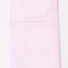 Pink striped pouch with a brand logo on a light pink background