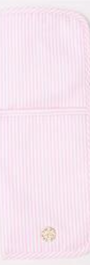 Pink striped pouch with a brand logo on a light pink background