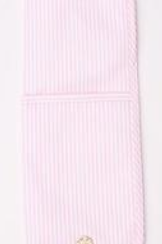 Pink striped pouch with a brand logo on a light pink background