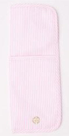 Pink striped pouch with a brand logo on a light pink background