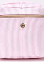 Pink striped bag with a gold zipper and logo on a white background
