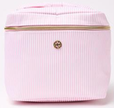 Pink striped bag with a gold zipper and logo on a white background