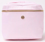 Pink striped bag with a gold zipper and logo on a white background