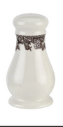 White ceramic jar with decorative lace band on a white background