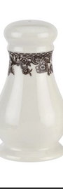 White ceramic jar with decorative lace band on a white background