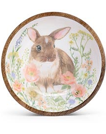 Decorative bowl with a rabbit and floral design on a white background