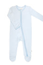 Light blue and white striped baby onesie with a zipper on a white background