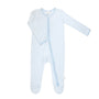 Light blue and white striped baby onesie with a zipper on a white background