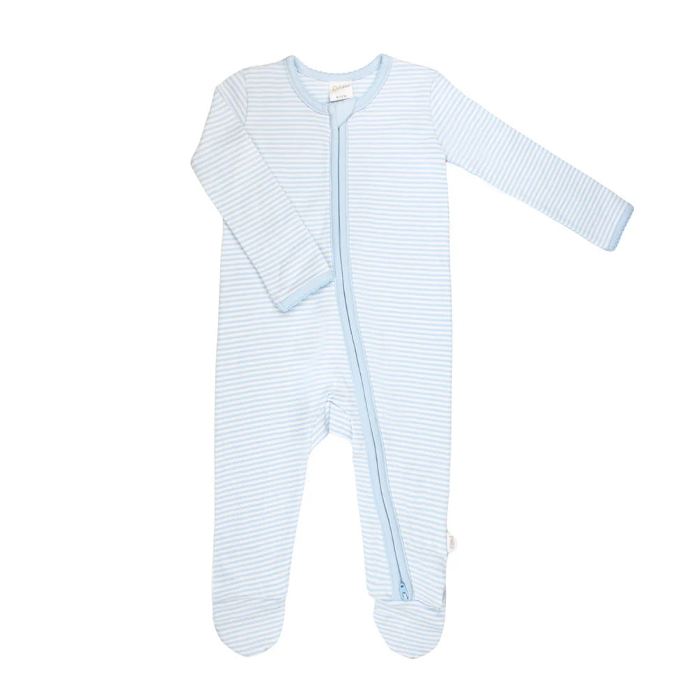 Light blue and white striped baby onesie with a zipper on a white background