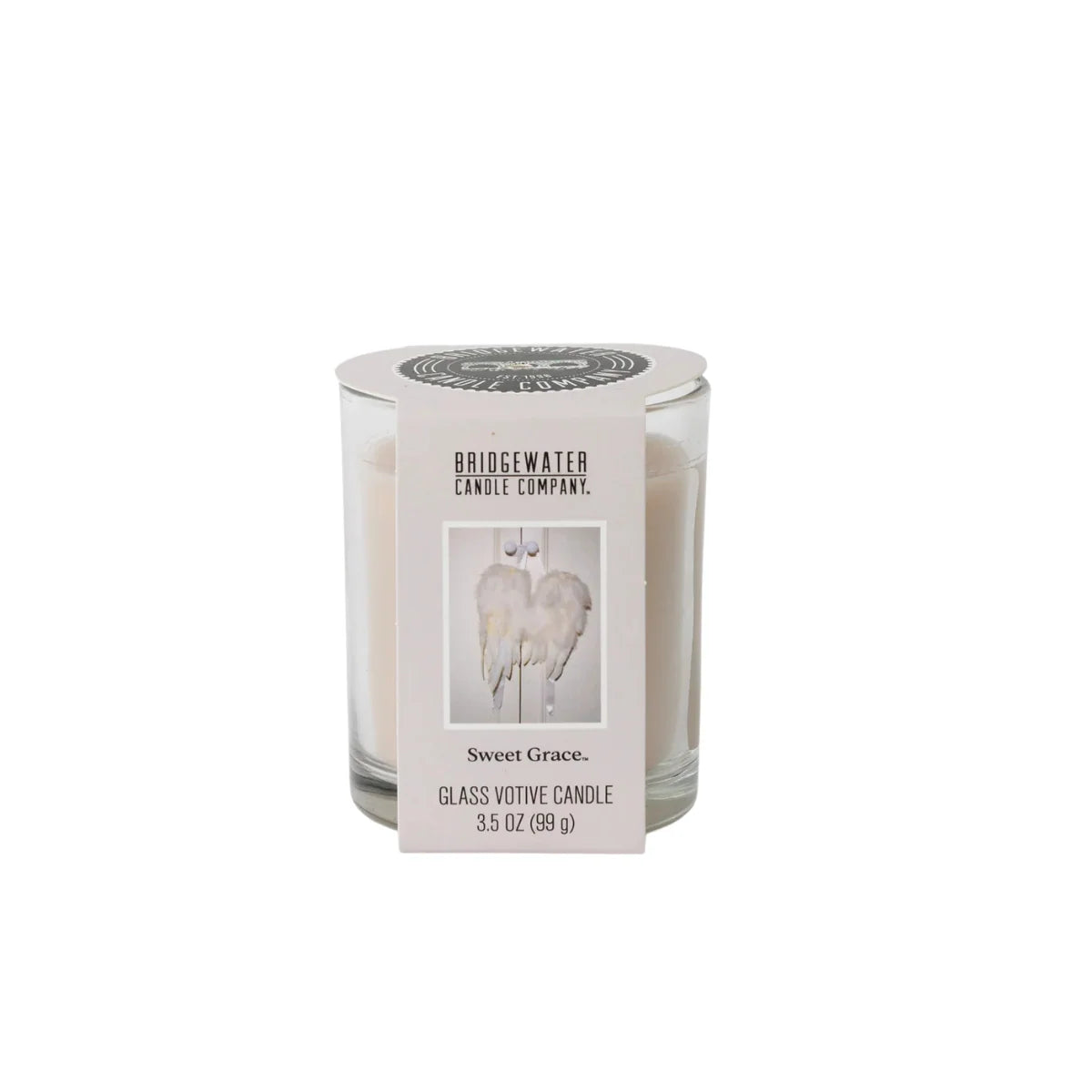 Sweet Grace glass votive candle in clear jar, white wax, Bridgewater Candle Company label