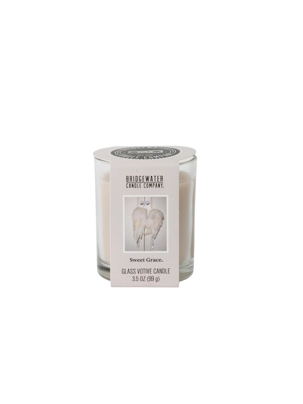 Sweet Grace glass votive candle in clear jar, white wax, Bridgewater Candle Company label