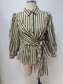 A green and off-white vertically striped wrap blouse with puff sleeves, displayed on a beige mannequin torso against a plain light gray background.