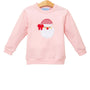 A light pink long-sleeve crewneck sweatshirt for kids, featuring an embroidered Santa Claus face on the front with a red and white checkered hat and red bow.