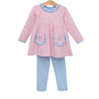 Pink and blue children's outfit with a dress and leggings on a white background
