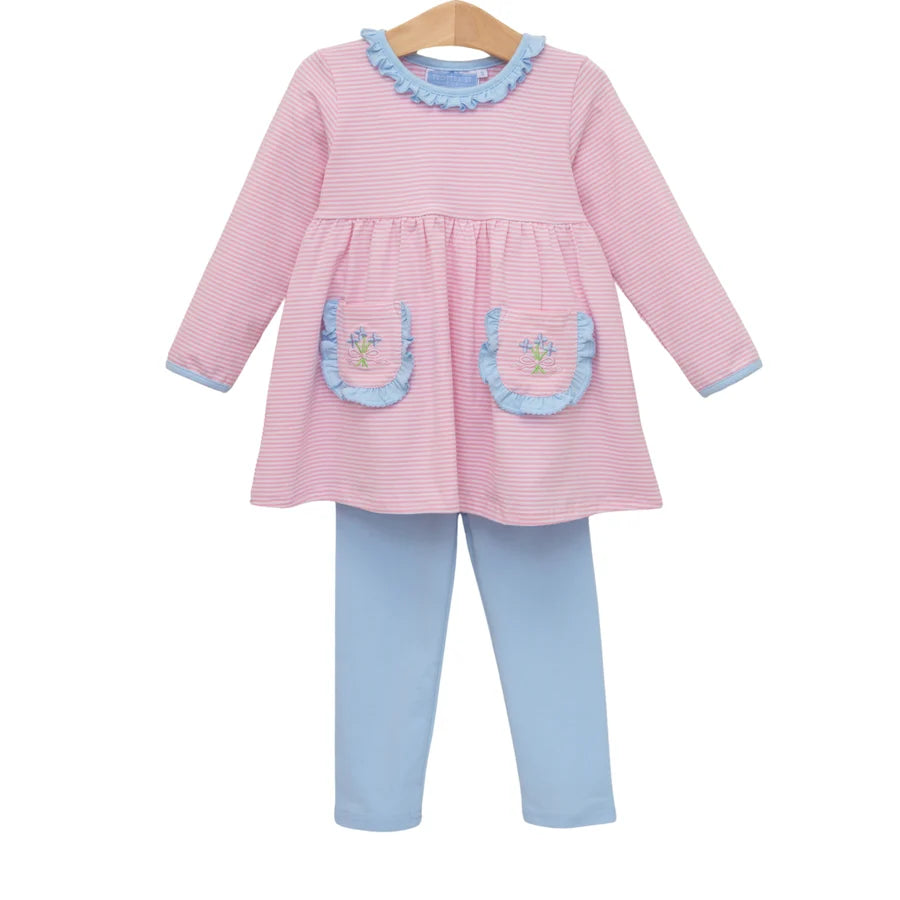 Pink and blue children's outfit with a dress and leggings on a white background