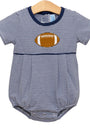 Navy and white striped baby romper with football design on a hanger