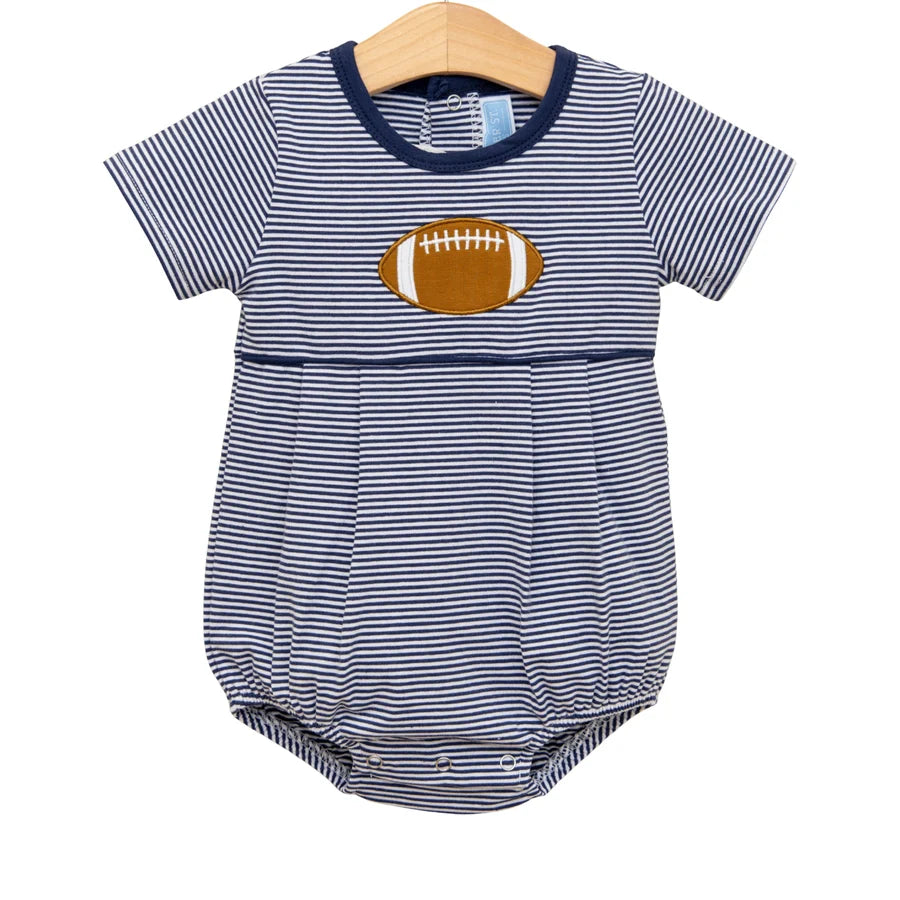 Navy and white striped baby romper with football design on a hanger