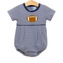 Navy and white striped baby romper with football design on a hanger