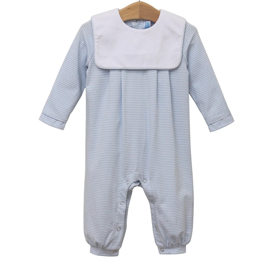 A baby long-sleeve footless romper with a white bib collar, featuring fine light blue and white stripes, hanging on a wooden hanger against a white background.