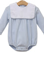 A baby long-sleeve bodysuit with light blue and white stripes, featuring a solid white bib collar, displayed on a wooden hanger against a white background.