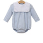 A baby long-sleeve bodysuit with light blue and white stripes, featuring a solid white bib collar, displayed on a wooden hanger against a white background.