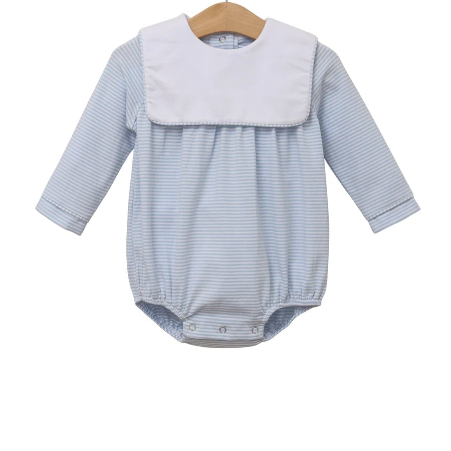 A baby long-sleeve bodysuit with light blue and white stripes, featuring a solid white bib collar, displayed on a wooden hanger against a white background.