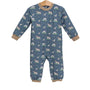 A baby long-sleeve footless one-piece jumpsuit in slate blue, featuring a repeating pattern of dogs, cats, and birds, with tan ribbed cuffs and hem, hanging on a wooden hanger against a white background.