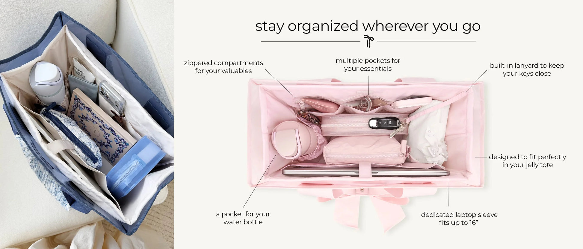 Organized travel bag with compartments and accessories, featuring text on organization.