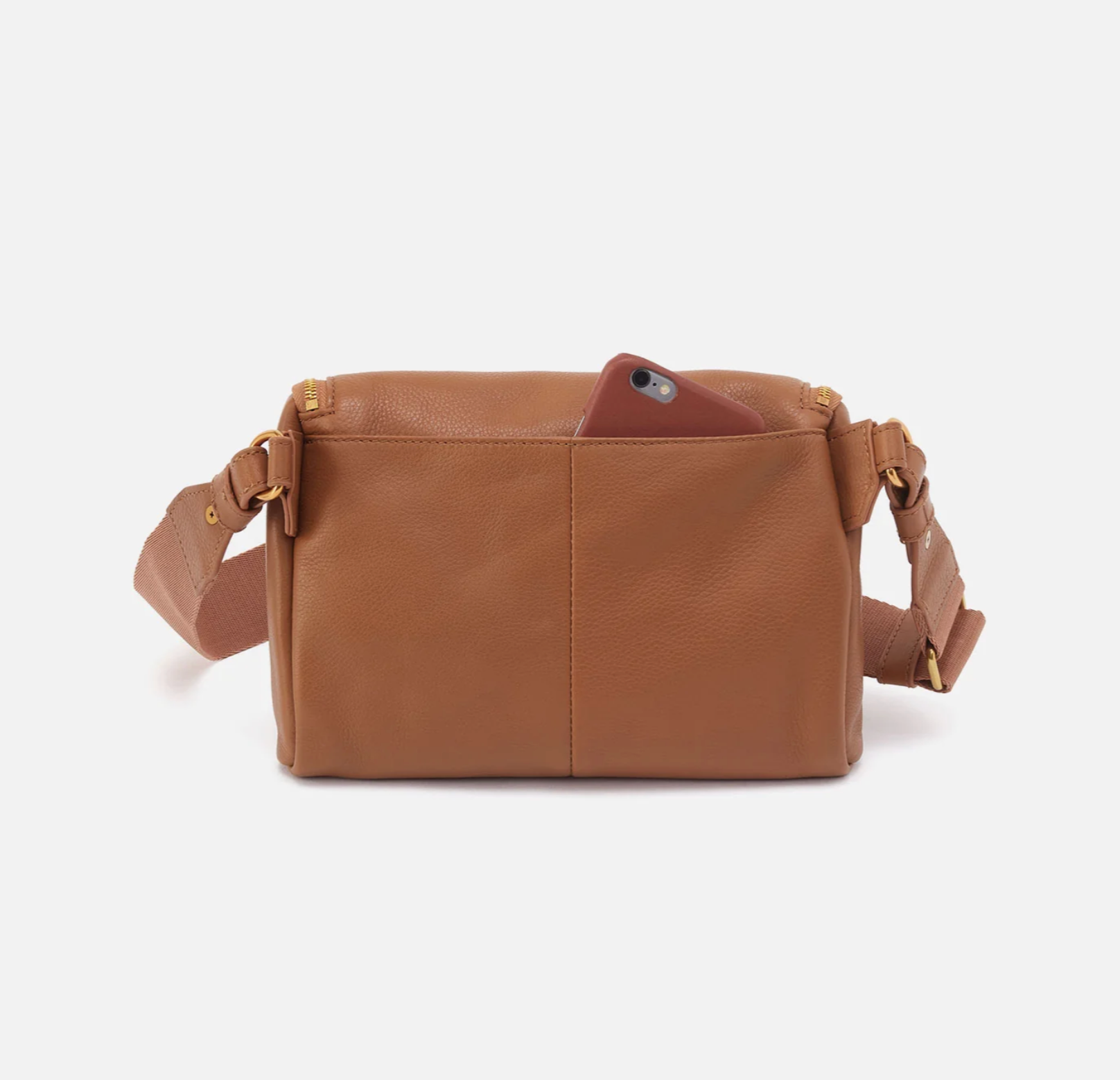Brown leather crossbody bag on a white background