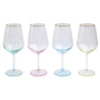 Four wine glasses with pastel-colored bases on a white background