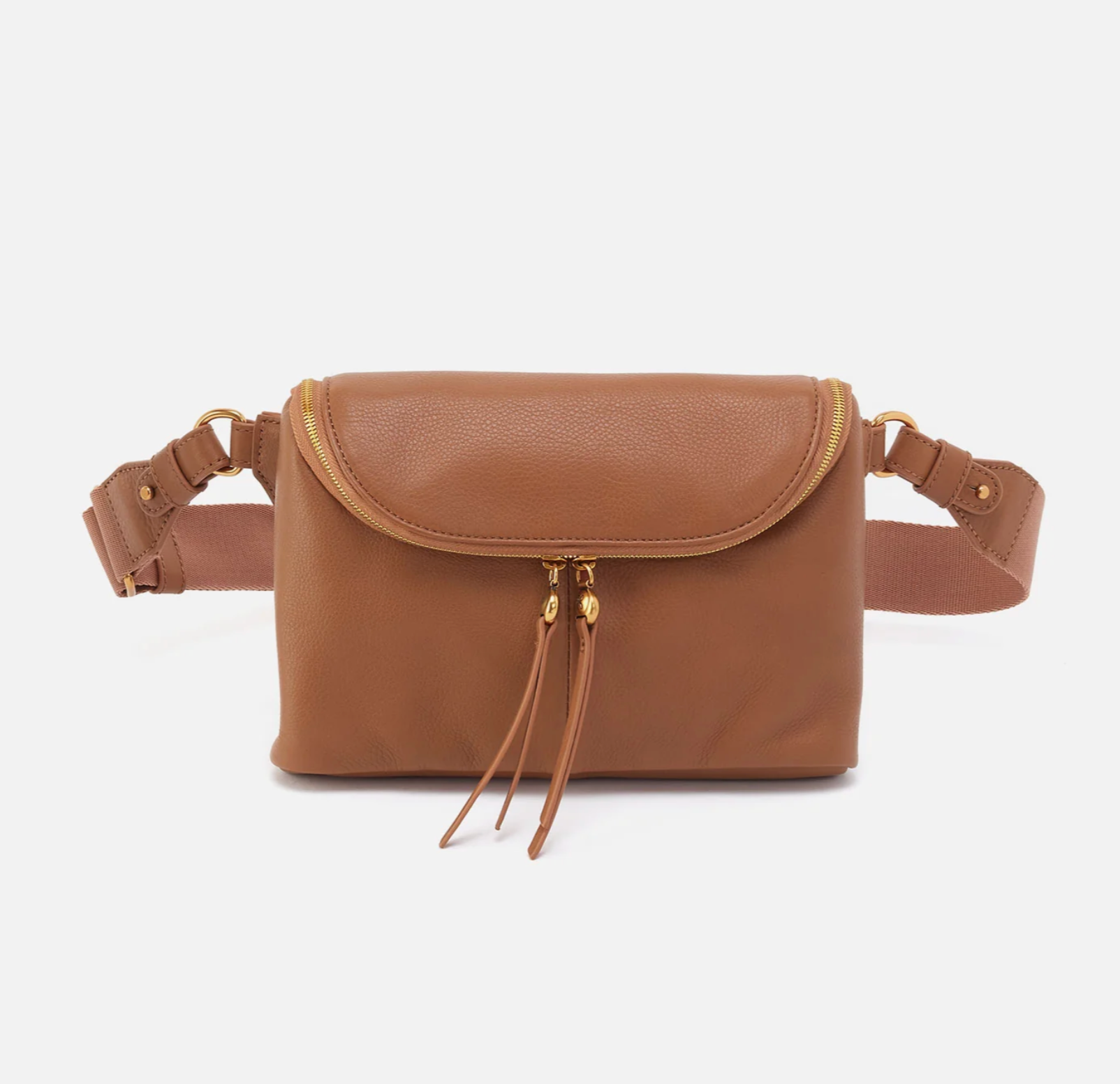 Brown leather waist bag with a strap on a white background