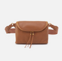 Brown leather waist bag with a strap on a white background