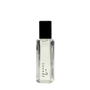 Clear perfume bottle with black cap on a white background, featuring the brand 'voyeur'.