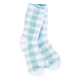 Pair of checkered socks with turquoise and white pattern on a white background