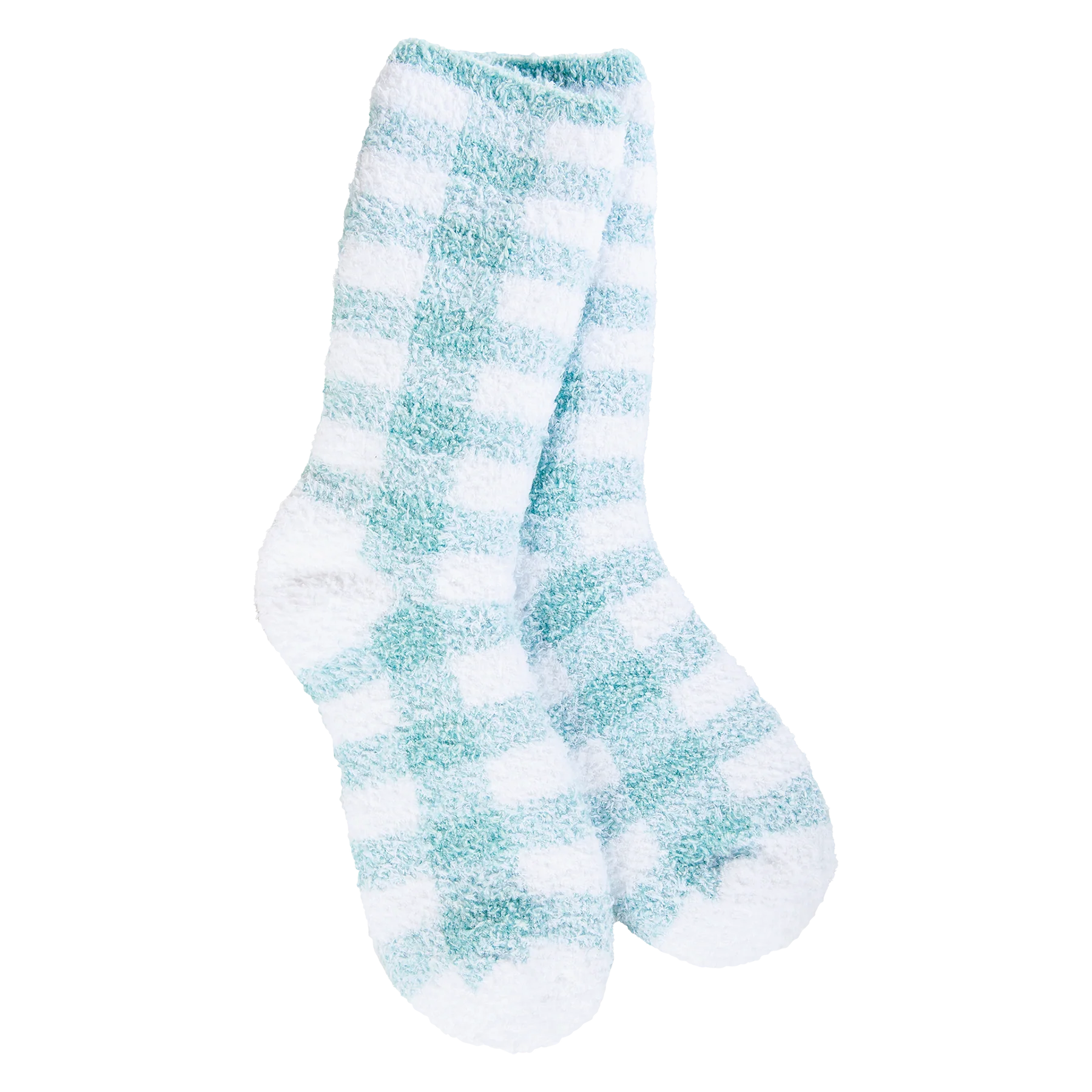 Pair of checkered socks with turquoise and white pattern on a white background