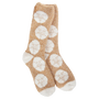 Beige socks with white floral patterns on a white background
