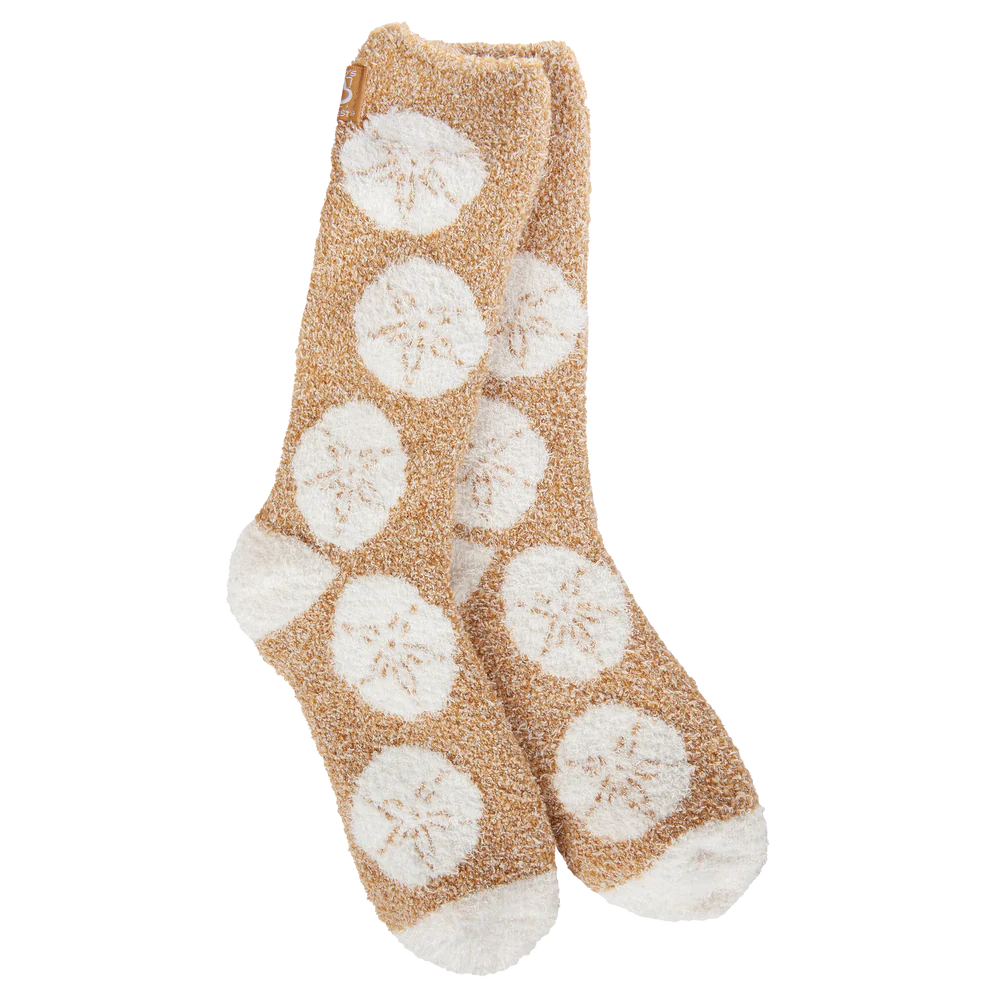 Beige socks with white floral patterns on a white background