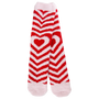 Red and white striped socks with a heart design on a white background