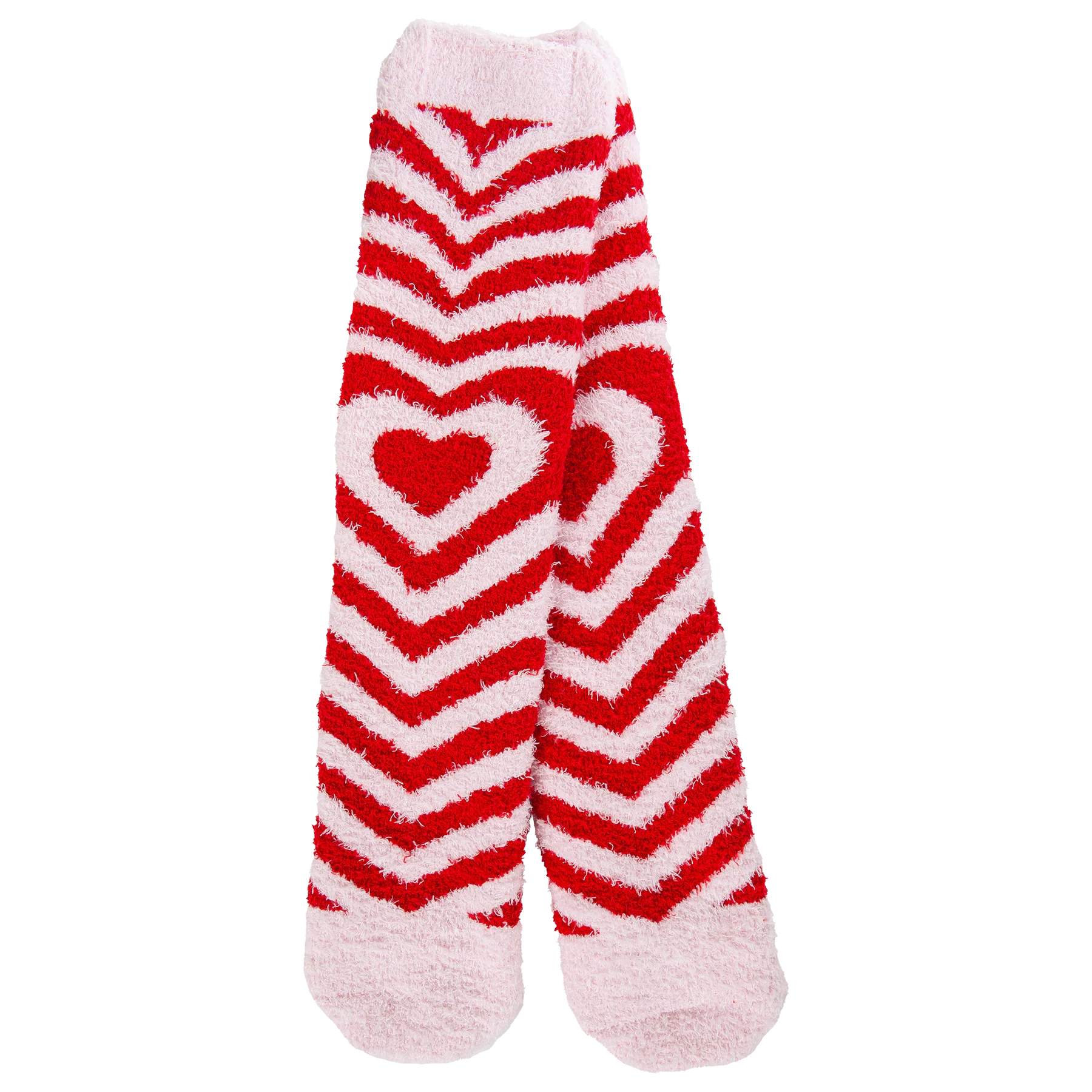 Red and white striped socks with a heart design on a white background