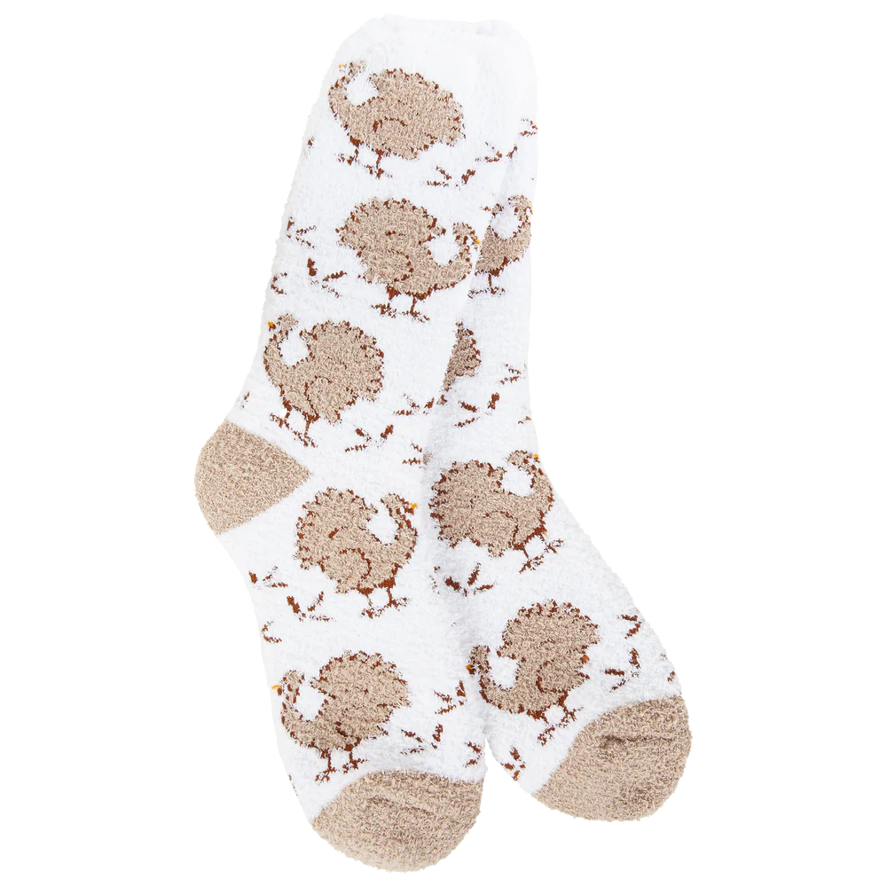 White sock with brown turkey pattern on a white background