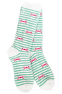 A pair of white crew socks with thin green horizontal stripes and small red bow motifs, shown against a plain white background.