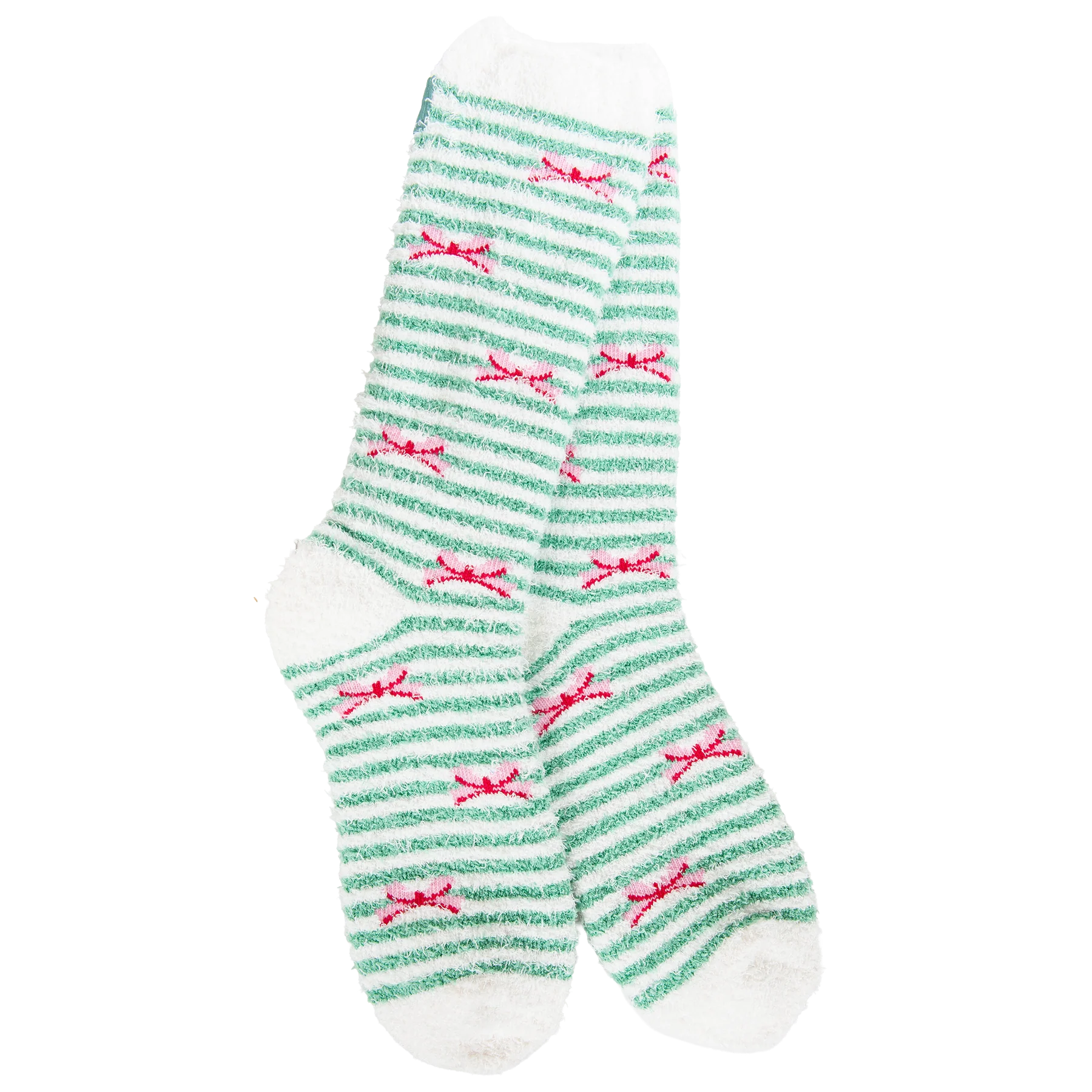 A pair of white crew socks with thin green horizontal stripes and small red bow motifs, shown against a plain white background.